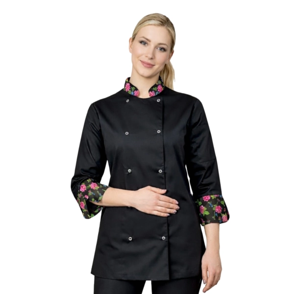 Bluza kucharska damska czarna rekaw 3/4 wzór W1 roz. L – bluza kucharska – odzież gastronomiczna